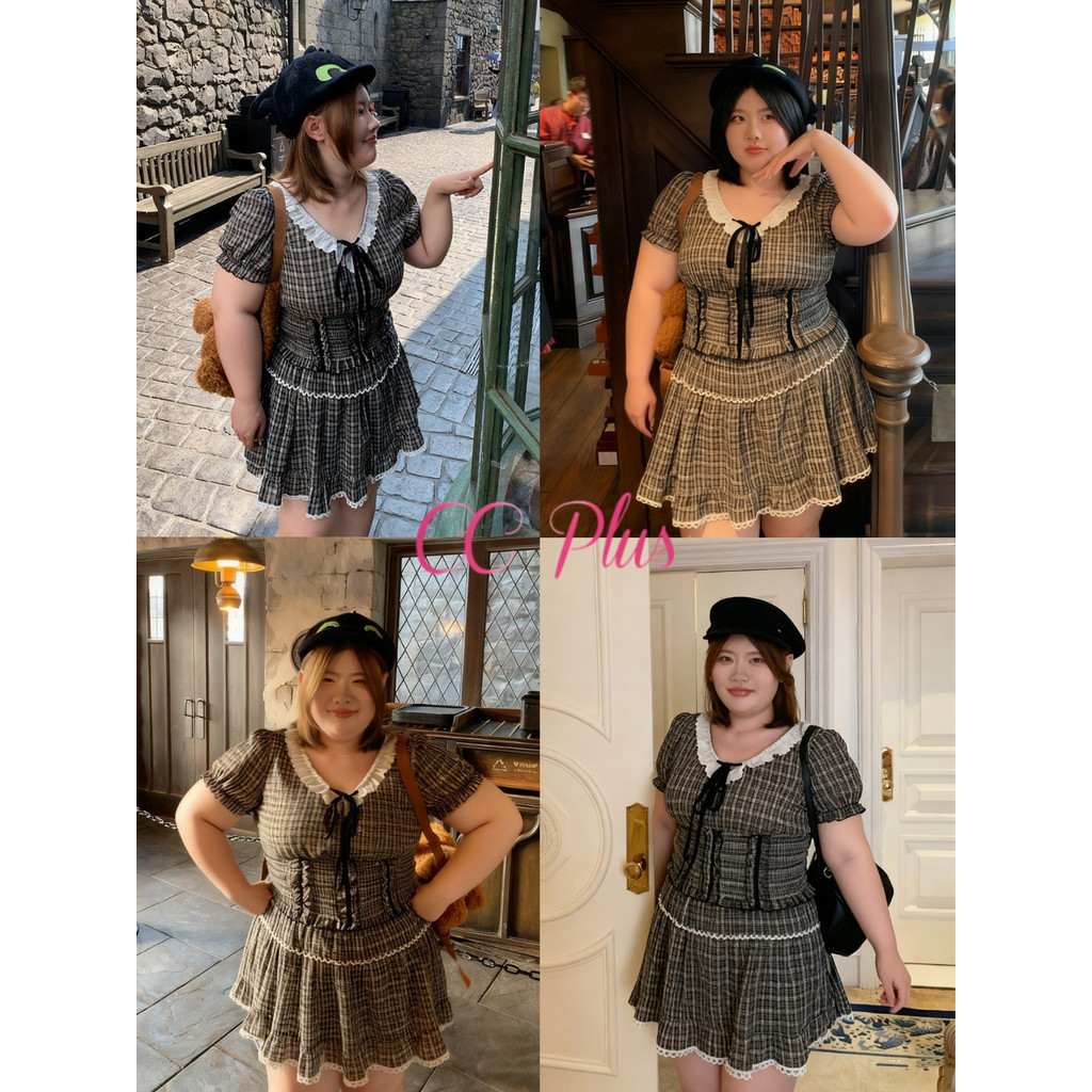 CiCi Plus+(3400) Set 2 ชิ้น เสื้อคอวีสม๊อครอบเอวพร้อมกิมมิกเล็กๆ แขนตุ๊กตาพร้อมมีลูกไม้เล็กผูกโบว์น่ารักสไตล์สาวพลัสไซส์