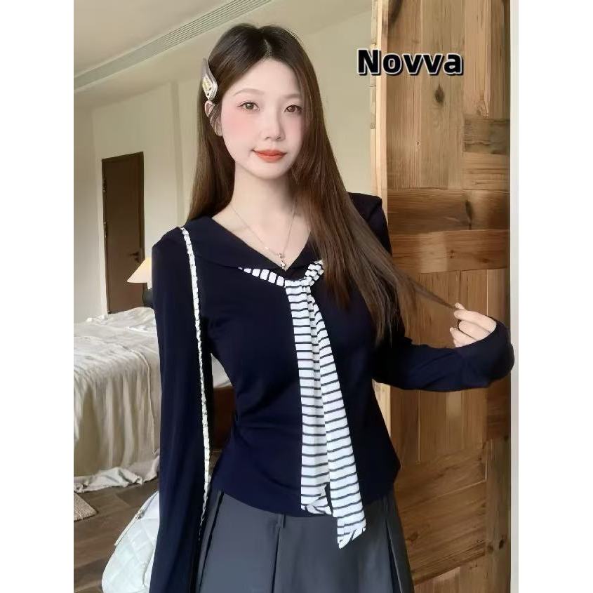 ส่งจากไทยทุกวัน เสื้อเชิ้ตแขนยาว เสื้อคอปก  ผูกโบว์ลายทาง ทรงเข้ารูปช่วงเอว ผ้าเนื้อนุ่ม🍒Velca