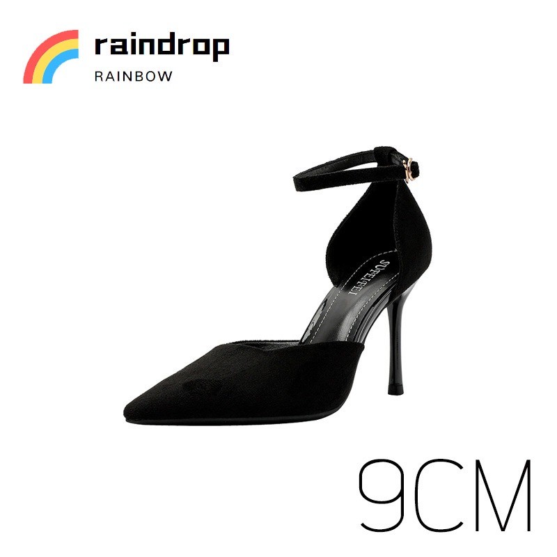รองเท้าส้นสูงแฟชั่นชี้นิ้วเท้า stiletto สีดํารองเท้าเดียวใหม่ส้นหนังกลับเกาหลี😍