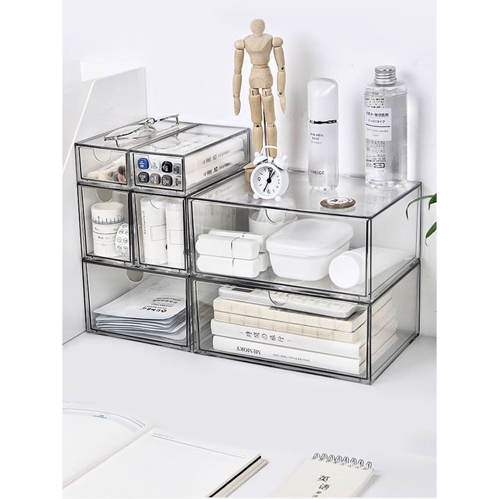 DIY ฟรีเดสก์ท็อปกล่องเก็บเครื่องสำอางอะคริลิคโปร่งใสลิ้นชักประเภท STACKABLE Storage กล่อง office supply organizer