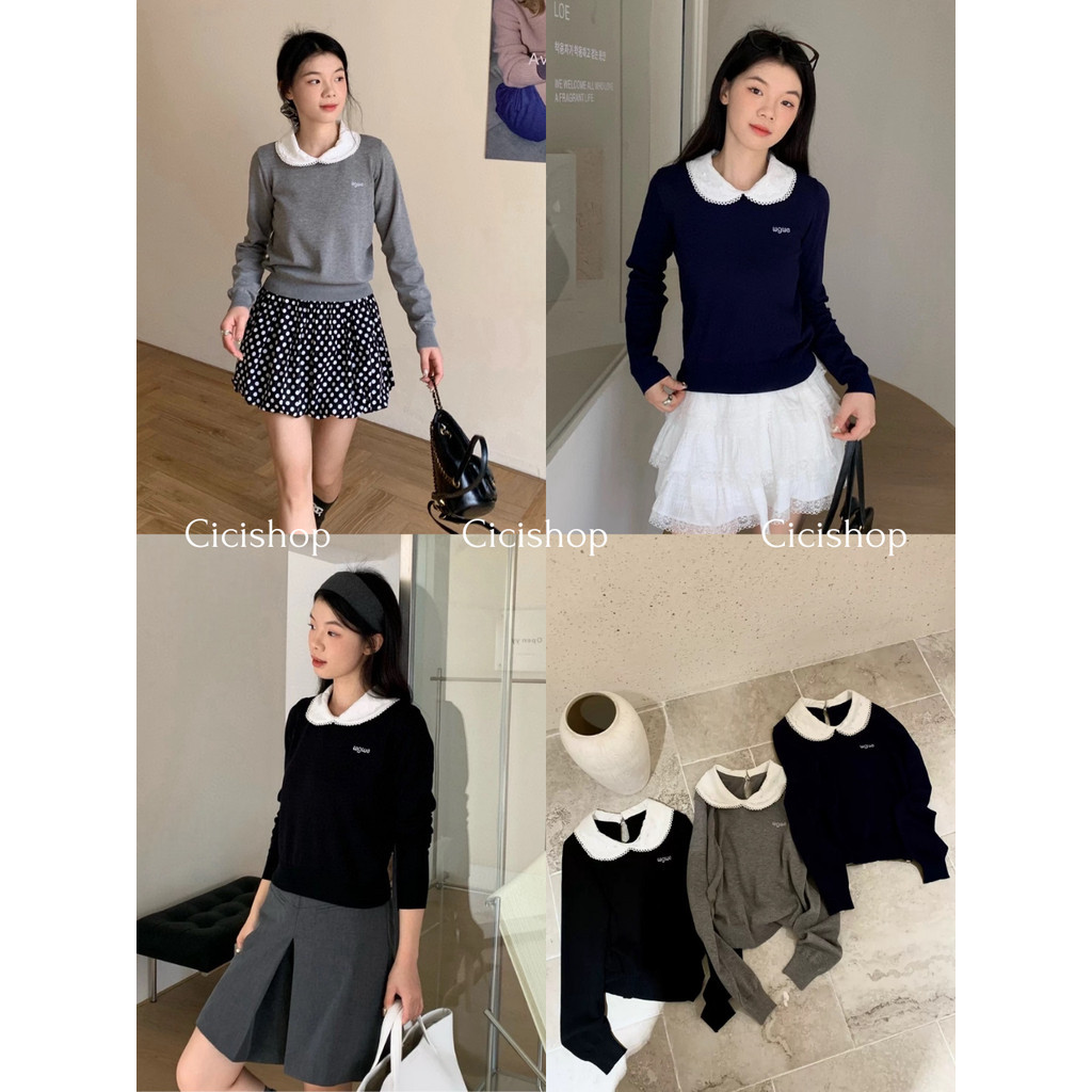 Cicishop(A2955) เสื้อไหมพรมแขนยาว คอบัวแต่งระบาย มีกระดุมมุกคอหลัง สไตล์คนชิคๆสาวอเมริกัน