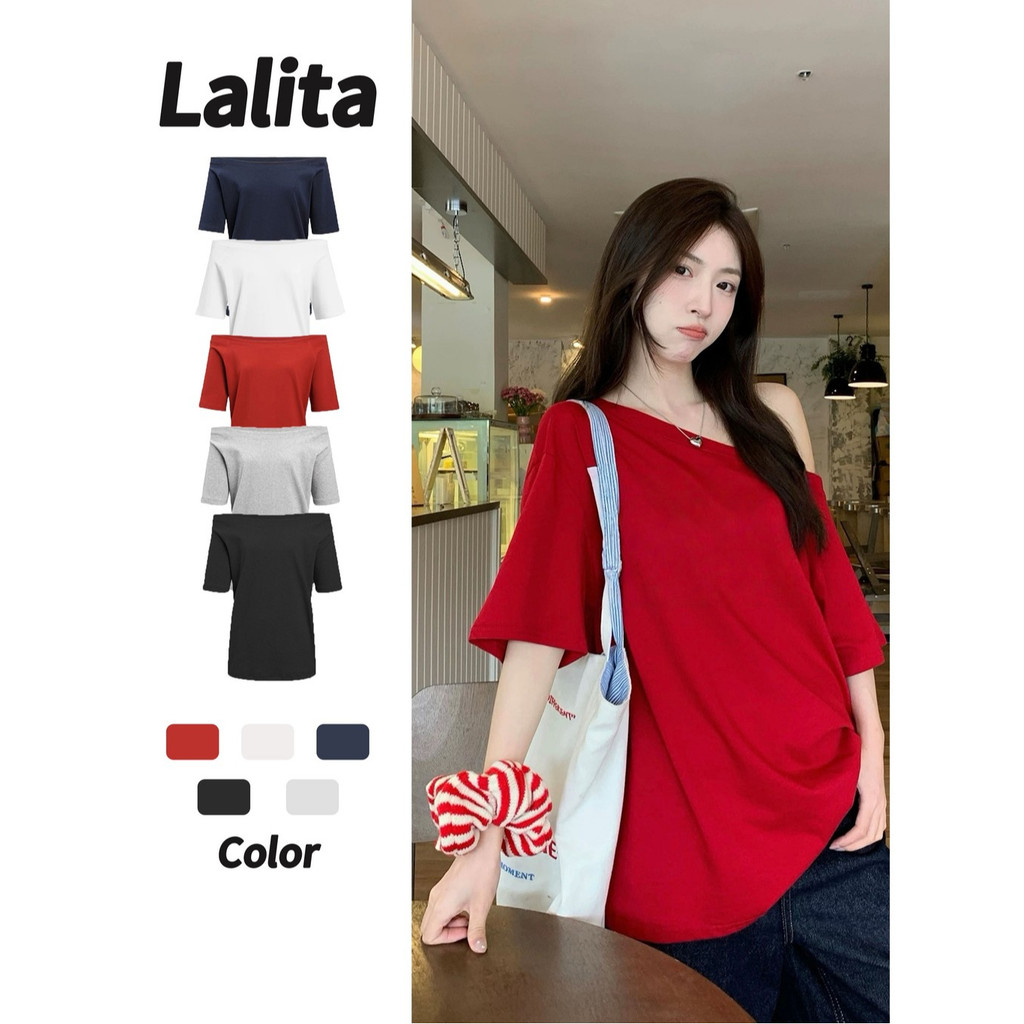 พร้อมส่ง ทรงหลวม เสื้อยืดเปิดไหล่ เสื้อเเขนสั้นผู้หญิง  ใส่เเบบเปิดไหล่ได้ ผ้านิ่ม Lalita