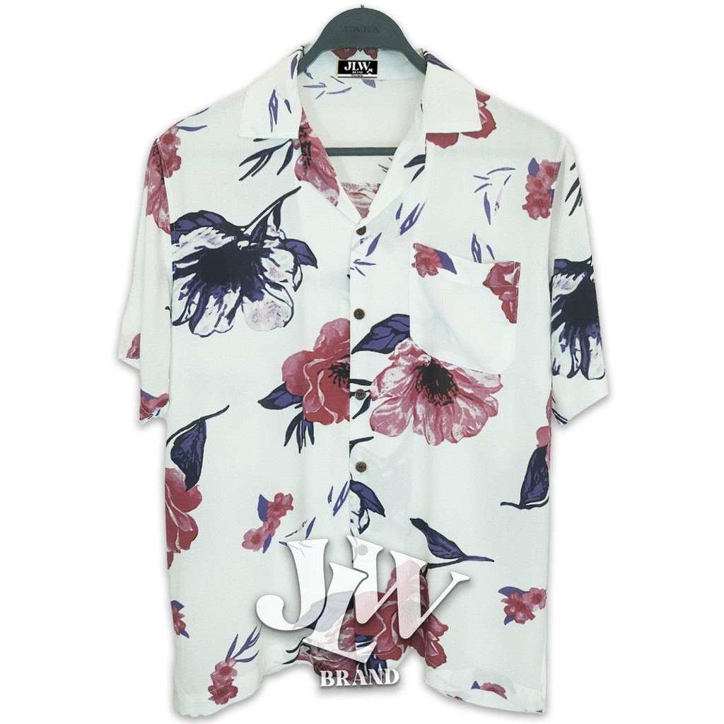 เสื้อฮาวาย ลายกุหลาบเดี่ยว ขาว ผ้านิ่ม M L XL Oversize คอฮาวาย JLW BRAND