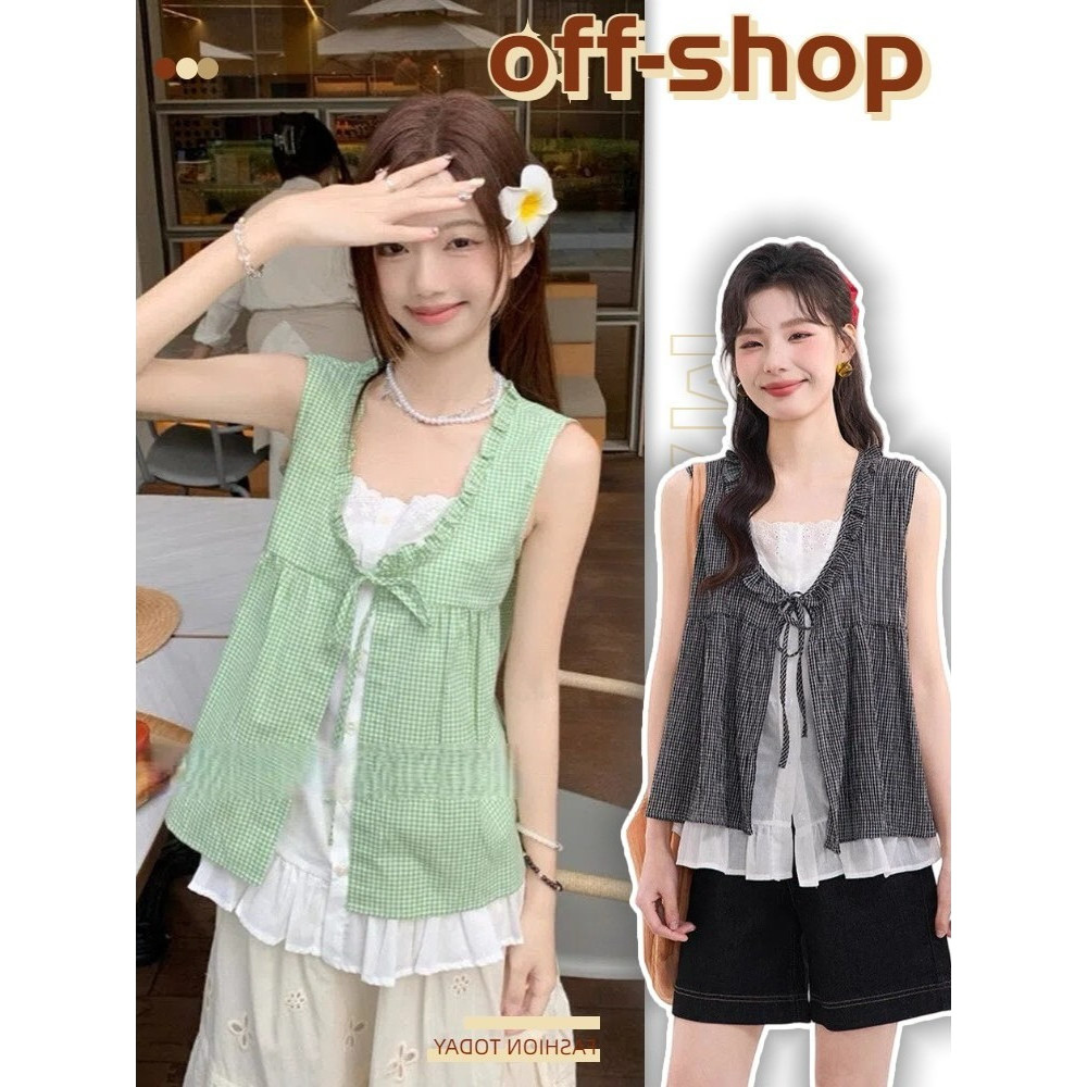 OFF SHOP 🥻ใหม่ 2025  หลวมและสะดวกสบาย ในสไตล์หวานแสบ เสื้อสองชั้น สวมใส่สบาย การออกแบบลูกไม้ FY5079