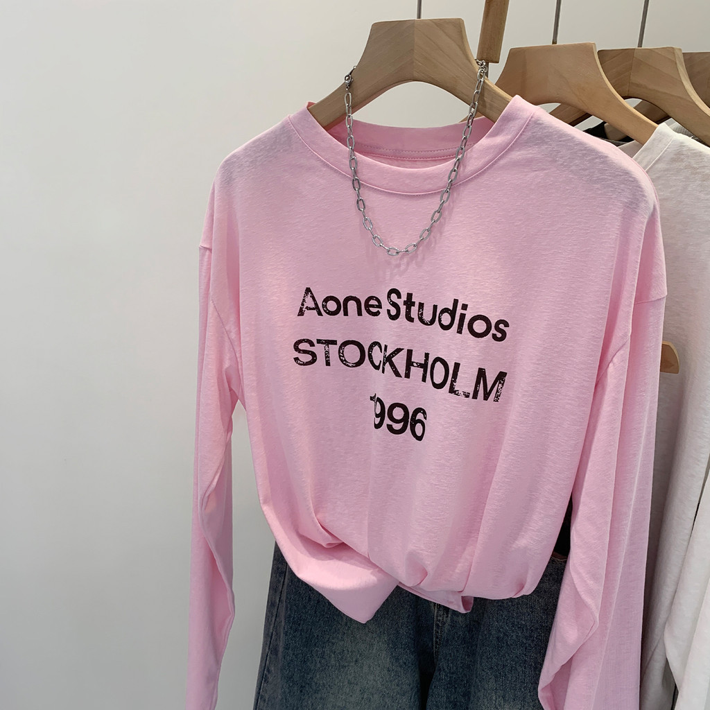 91230 สไตล์บางสีชมพูรอบคอจดหมายพิมพ์แขนยาวเสื้อยืดผู้หญิง