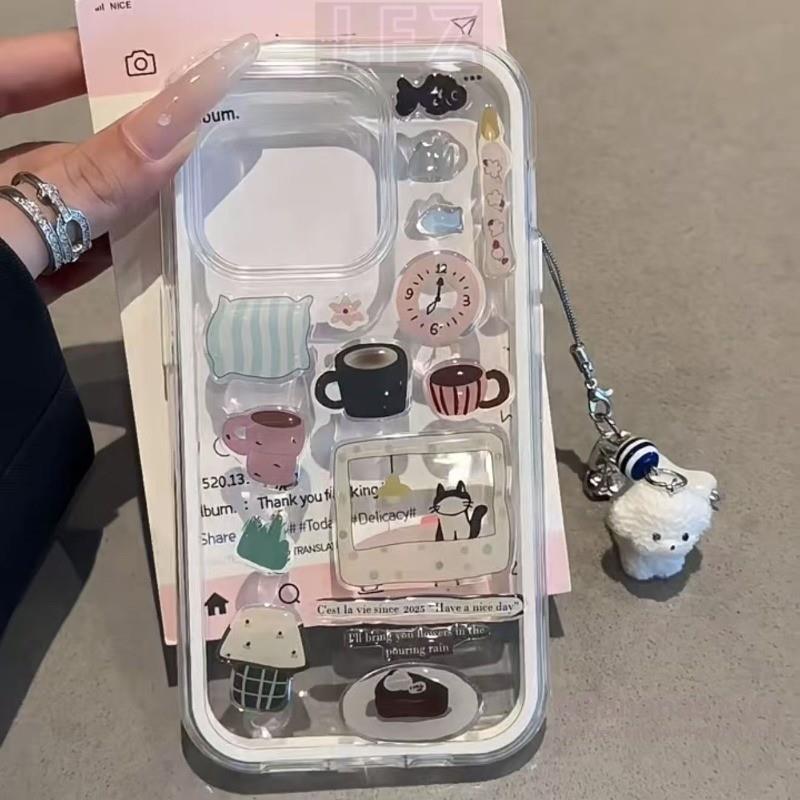 เข้ากันได้กับ iPhone 16 15 14 13 12 11 Pro Max เคสโทรศัพท์ 3D DIY น่ารัก Lazy TV Cat สติกเกอร์ + Lan