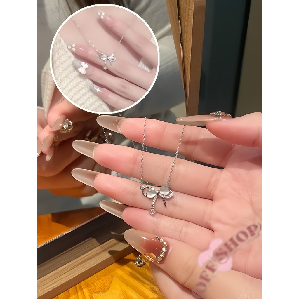 OFF SHOP 🥻New 2026 สร้อยคอจี้เงินฝังเพชร โบว์หินสีขาว เครื่องประดับแฟชั่น สำหรับผู้หญิง' BRL-24
