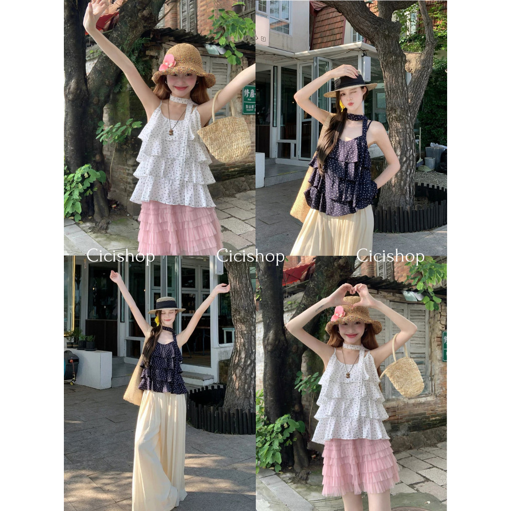 Cicishop(H88166) เสื้อสายเดี่ยวแต่งเลเยอร์ ดีเทลลายดอกไม้ สายปรับได้ สม็อคด้านหลัง สไตล์สาวน่ารักๆ