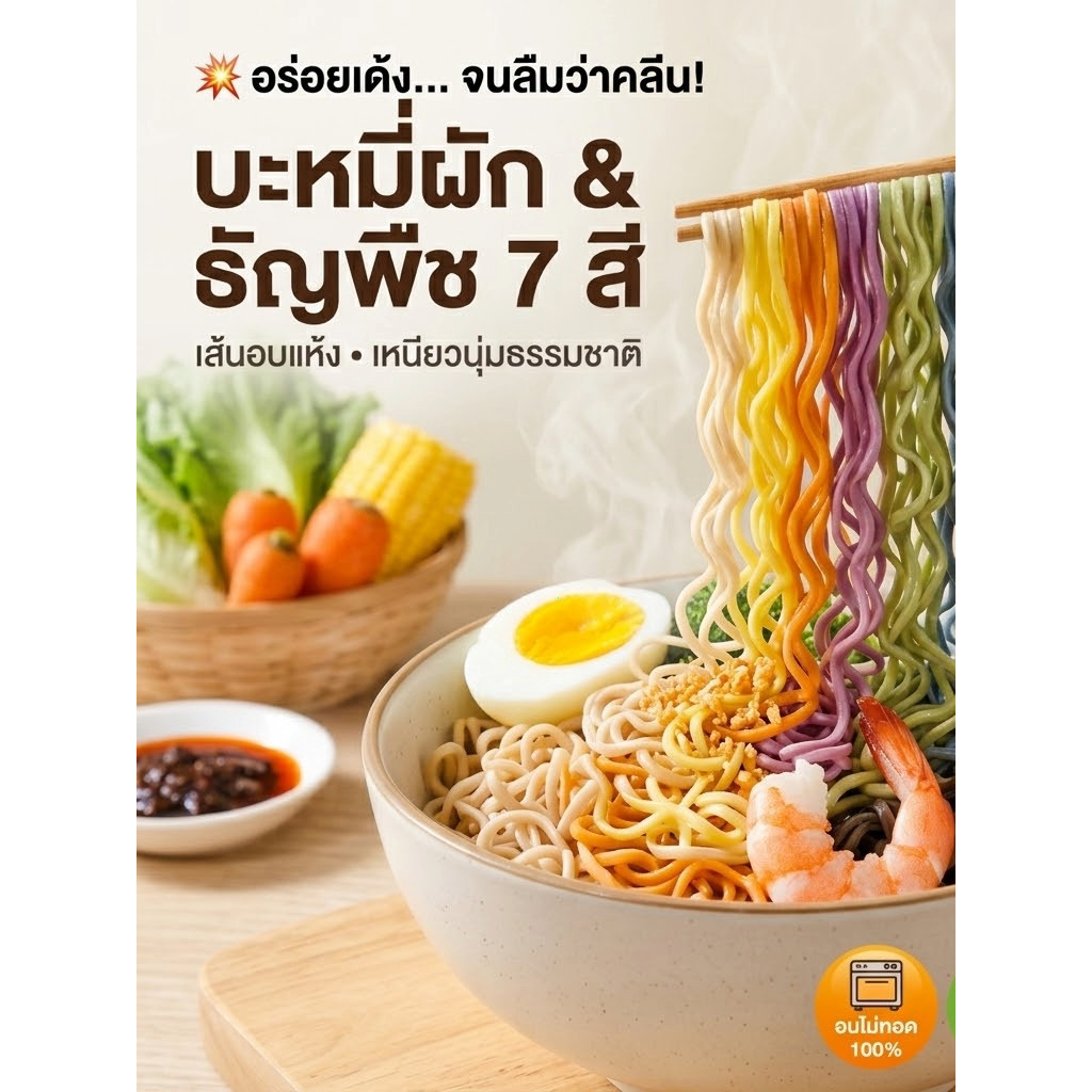 บะหมี่ผัก บะหมี่ธัญพืช 7 สี (อบไม่ทอด) เส้นอบแห้ง ไขมันต่ำ เหนียวนุ่ม สีสันธรรมชาติ (คละรสชาติ) [วันผลิตดูที่ซอง]