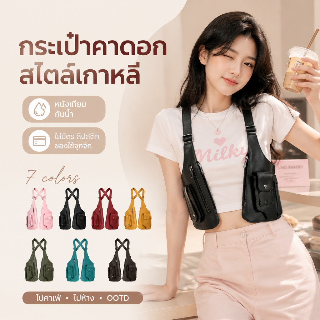 กระเป๋าคาดอก กระเป๋าสะพายข้าง สไตล์เกาหลี หนังเทียม หลายสี ใส่ลิปสติก ใส่บัตร ไปคาเฟ่ ไปห้าง OOTD