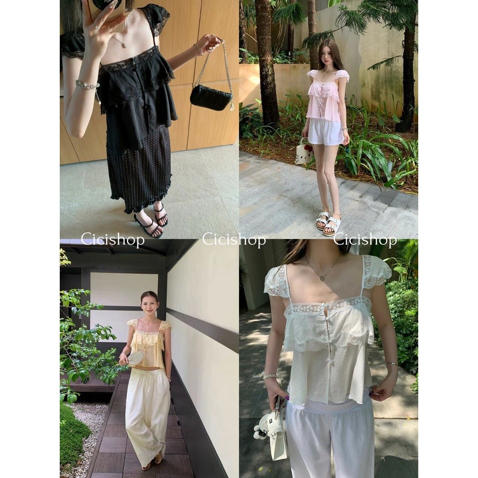 Cicishop(J2512) เสื้อสายเดี่ยวลูกไม้ระบายอก แต่งแขนระบาย กระดุมหน้าใช้งานได้ สไตล์เกาหลี สาวหวาน