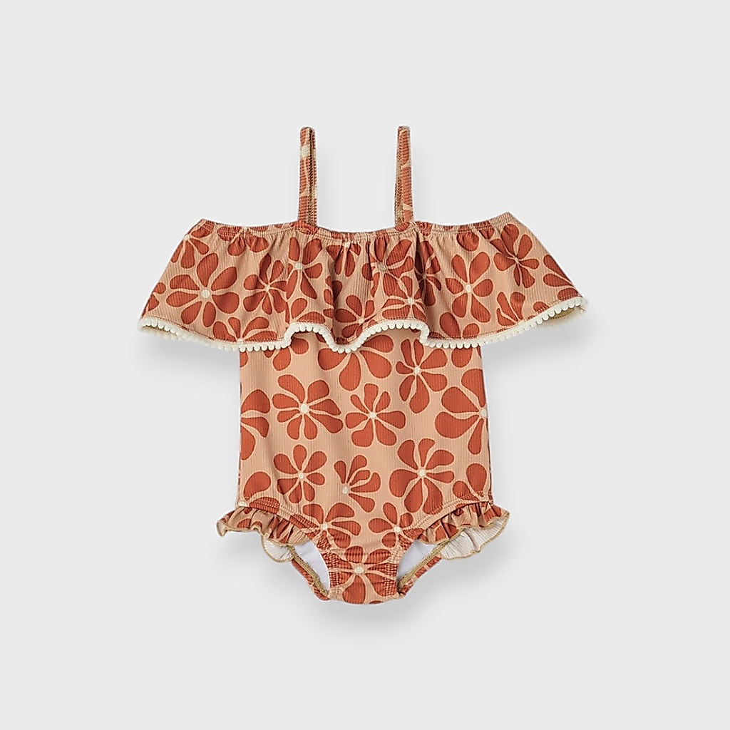Kids (Size 100–120 cm) ชุดว่ายน้ำเด็กผู้หญิง ลายดอกไม้สุดละมุน แต่งระบายอกและปอมปอมน่ารัก
