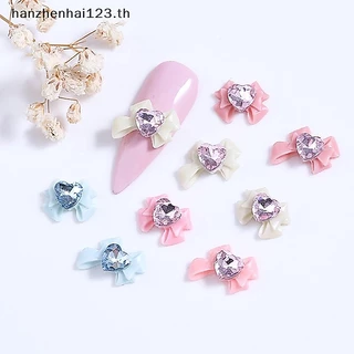 HANHAI 10 ชิ้น/5 ชิ้น 3D เรซิ่น Bowknot เล็บ Ch สีชมพูริบบิ้นโบว์ Rhinestone เครื่องประดับอะไหล่ตกแต่งเล็บ DiIY Salon อุปกรณ์เสริมของขวัญ TH