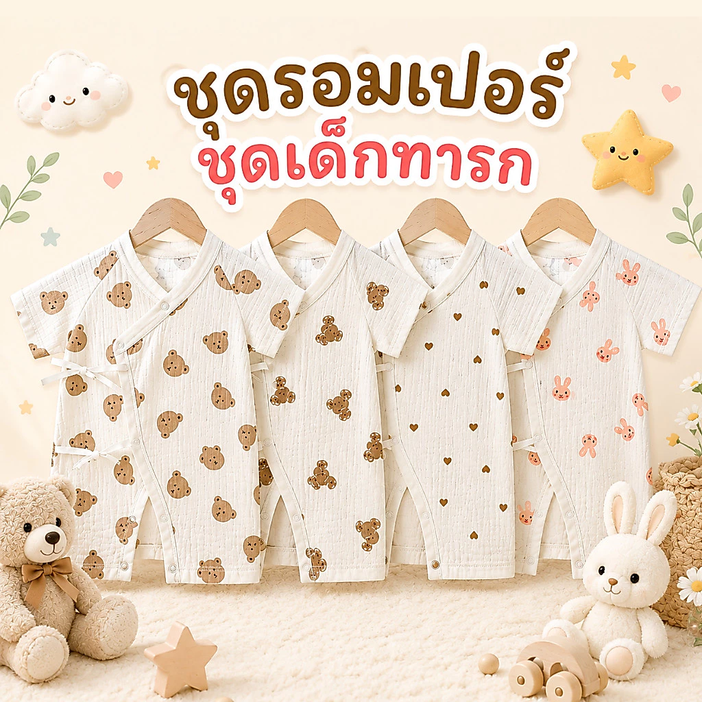 Royal kids ชุดรอมเปอร์ ลายหมีน่ารัก สําหรับเด็ก มี 2 ขนาด สำหรับเด็กแรกเกิด - 6 เดือน