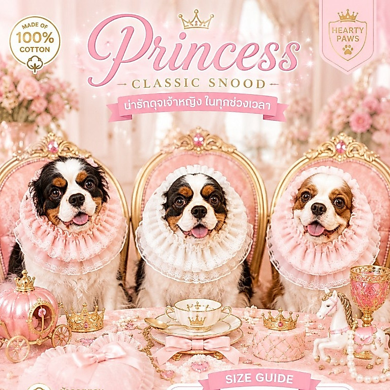 [Heartypaws] Dog Snood Classic PRINCESS ผ้าคลุมหูสุนัขสำหรับหูยาว กันหูเปียกกันเลอะ ผ้าคอตตอน
