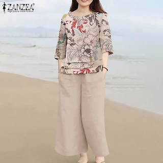 ZANZEA ใส่ ซานเซีย ผู้หญิงเกาหลีลําลองแขนสามในสี่กระเป๋าพิมพ์จีบออกแบบท็อปส์กางเกง