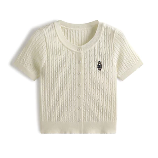 Gakki เสื้อยืดแขนสั้นปักหมี เสื้อสเวตเตอร์แขนสั้นผู้หญิง พร้อมส่ง 72056#