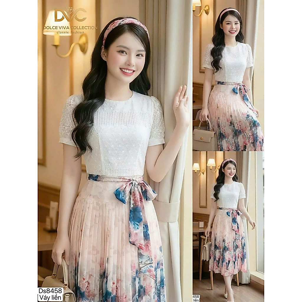 DS8458 เดรสลายดอกไม้บานสีขาวและชมพูพร้อมเข็มขัดคาดเอวผู้หญิง DVCCHINHHANG