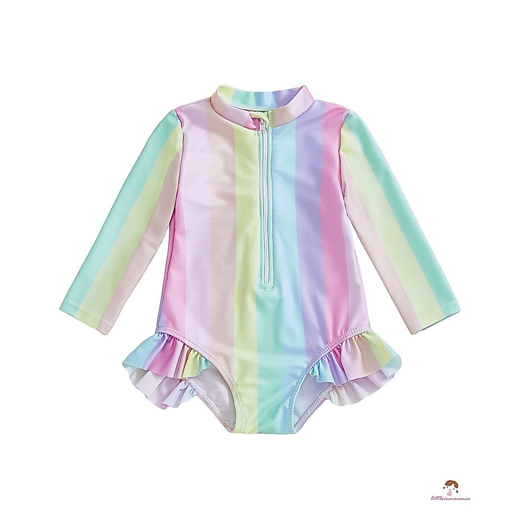 XZQ-Toddler Girl Rash Guard ชุดว่ายน้ําพิมพ์สายรุ้งซิปคอจําลองชุดว่ายน้ําแขนยาว