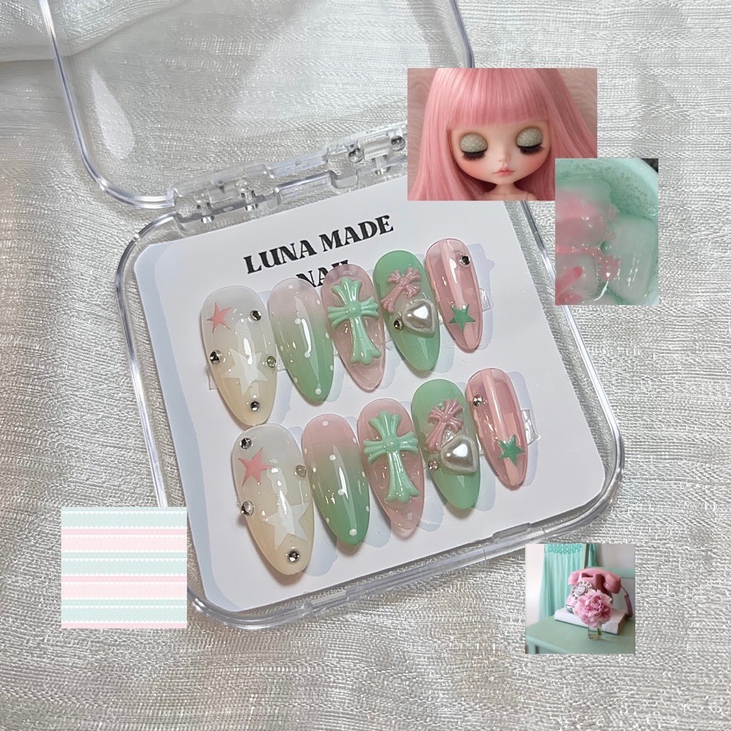 Lunamade : เล็บเจลปลอมเกาหลี  มิ้นท์ ชมพู  mint pink chromeheart 🧼🎀🍡