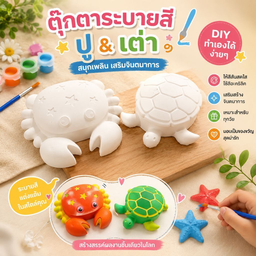 กระปุกปูนระบายสี Diy ตุ๊กตาระบายสี ปู & เต่า ใส่ของจุกจิกได้