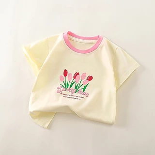 เสื้อยืดแขนสั้นเด็กหญิง เสื้อยืดเด็ก ผ้าฝ้าย100% สีพื้น ดอกไม้ เหมาะสำหรับเด็กอายุ 1-12 ปี