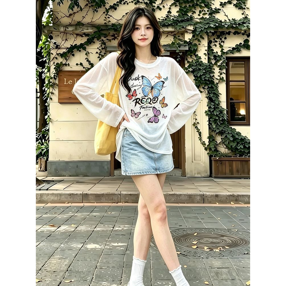 เสื้อยืดแขนยาวผู้หญิงแฟชั่น Oversize ผ้าเบา ลำลองเสื้อผ้าสาว ผ้าระบายอากาศเย็น ทันสมัย เสื้อผ้ากันแดดโอเวอร์ไซส์เกาหลี
