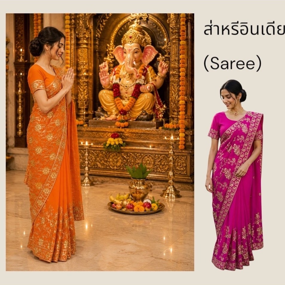 Indian Saree อินเดีย ลายปักสวย สีสันหลากหลาย Saree Free Size 38–44” สำหรับทำบุญ งานเทศกาล และโอกาสพิเศษ Ready to Wear