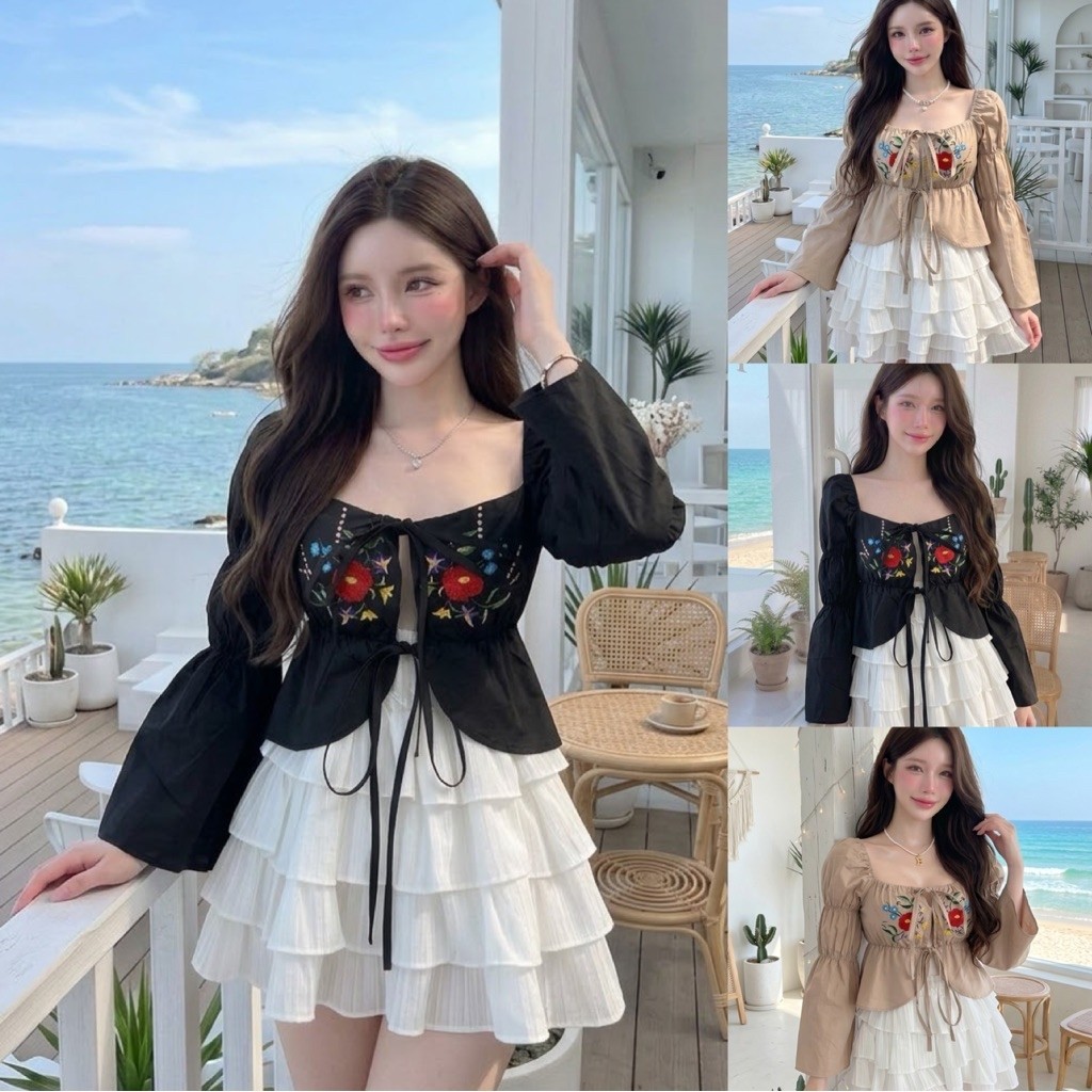 เสื้อคอเหลี่ยมดีเทลปักลายดอกไม้สุดสวย มาพร้อมกิมมิคเชือกผูกหน้าเก๋ๆ(ผ้าคอตตอนสวยแพง)