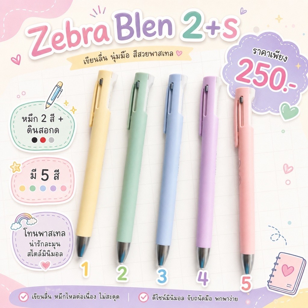 ปากกาดำ แดง ดินสอกด zebra blen 2+s new 6/2023
