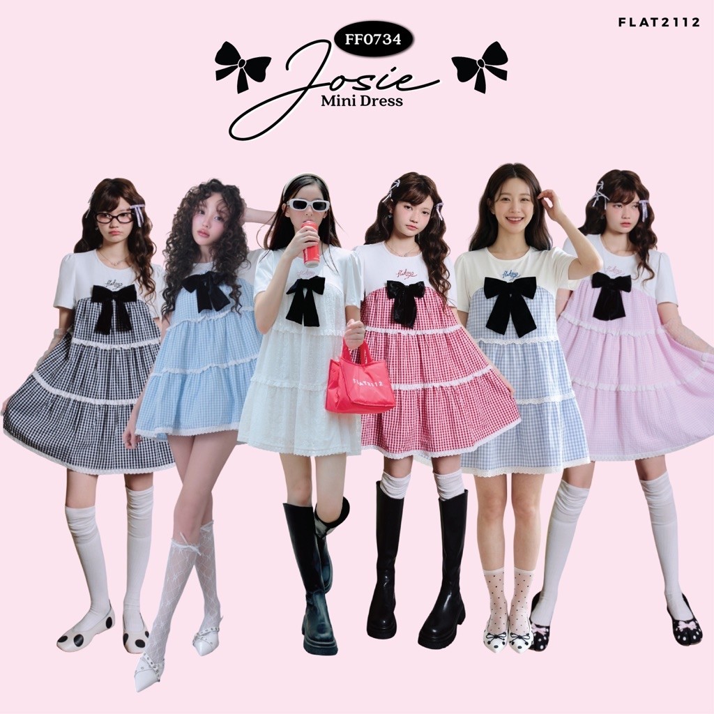 FLAT2112 : JOSIE MINI DRESS มินิเดรส แขนสั้น แต่งโบว์ (FF0734)