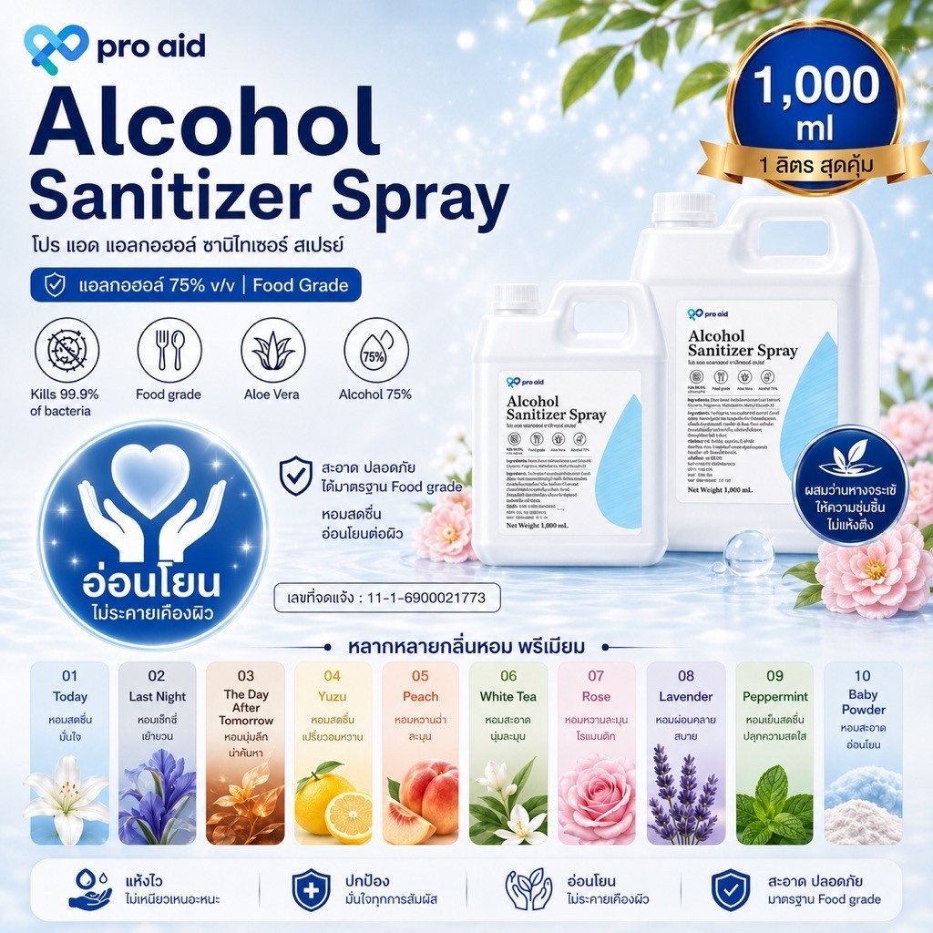 Pro Aid Alcohol 75% แอลกอฮอล์ 1 ลิตร สูตรน้ำ สูตรอ่อนโยน กลิ่นหอม | Food Grade | กลิ่นผลไม้ ดอกไม้ น้ำหอมพรีเมียม