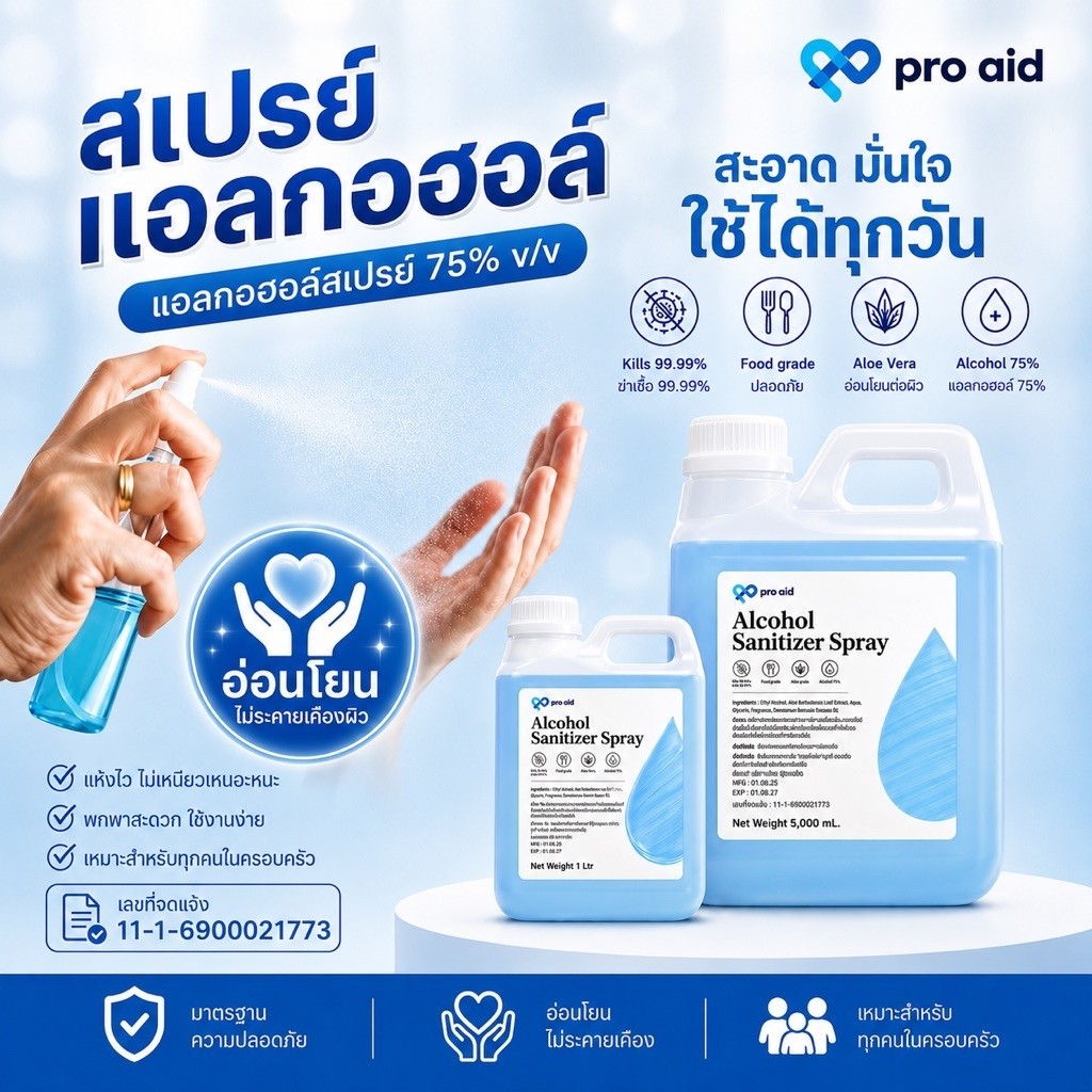💧 Pro Aid Alcohol 75% แอลกอฮอล์ Food Grade สูตรน้ำ สีฟ้า ไม่แต่งกลิ่น สูตรอ่อนโยน [ขนาด 1–5 ลิตร] 💧