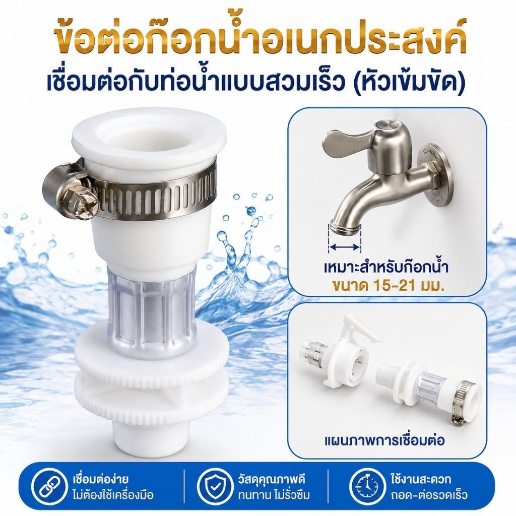 [พร้อมส่ง/แถมเข็มขัด] หัวต่อก๊อกน้ำเข้าเครื่องซักผ้า 4 หุน (1/2") ข้อต่อสายน้ำดี แบบสวมเร็ว ติดตั้งง่าย น้ำไม่รั่ว