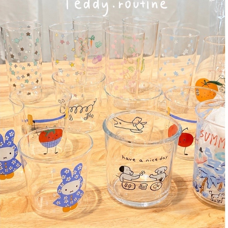 พร้อมส่ง แก้วลายน่ารัก แก้วใสลายมินิมอล แก้วกาแฟ แก้วมัทฉะ