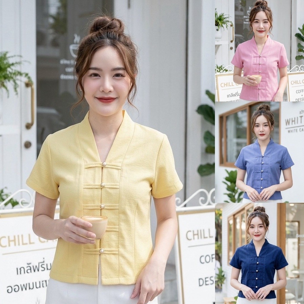 เสื้อผ้าฝ้ายคอวีแต่งเชือกกระดุมเงิน