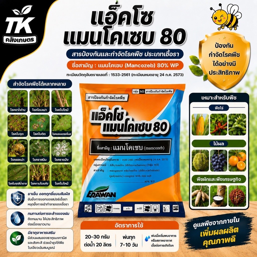 แอ็คโซ แมนโคเซบ 80 แมนโคเซบ 80%WP ขนาด 1 กก. สารป้องกันกำจัดเชื้อรา ยาเย็น ป้องกันโรคกาบใบแห้ง โรคใบไหม้ โรคใบจุด