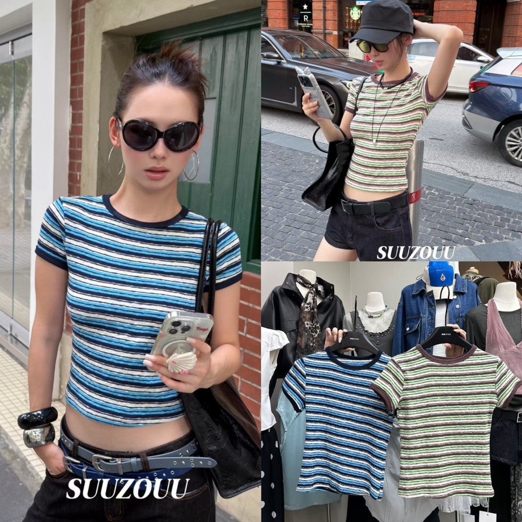 #SU578 🇰🇷เสื้อยืดครอปแขนสั้นลายขวางสไตล์ Y2K ลุคสตรีทสุดชิค 💚ไอเทมเบสิกที่ต้องมีติดตู้! เสื้อยืดครอ Tag MMfish🇰🇷