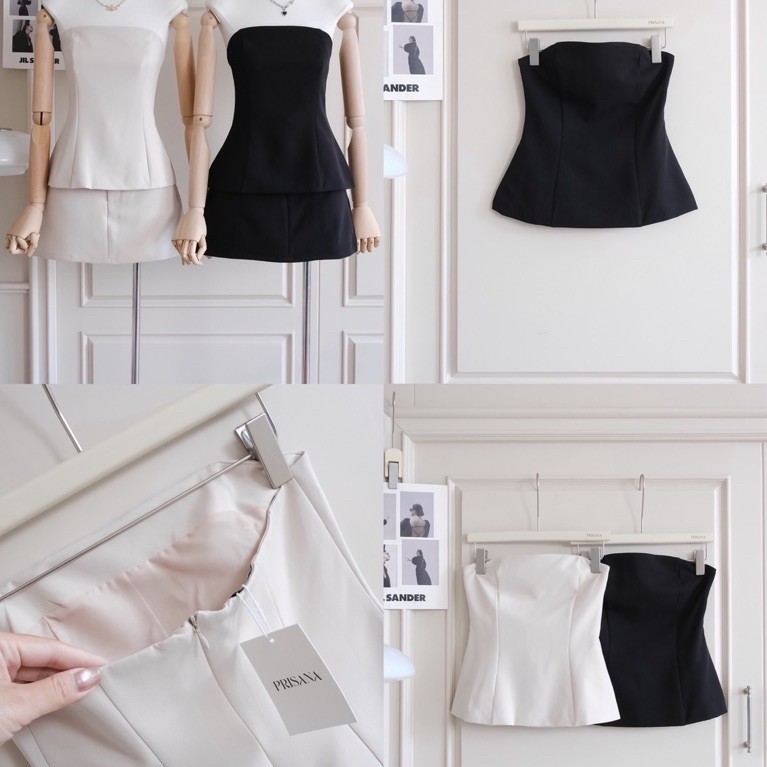Prisana set ชุดเซ็ตเสื้อเกาะอกทรงคลอเซต+กระโปรงสั้น ชุดเรียบหรูดูแพง