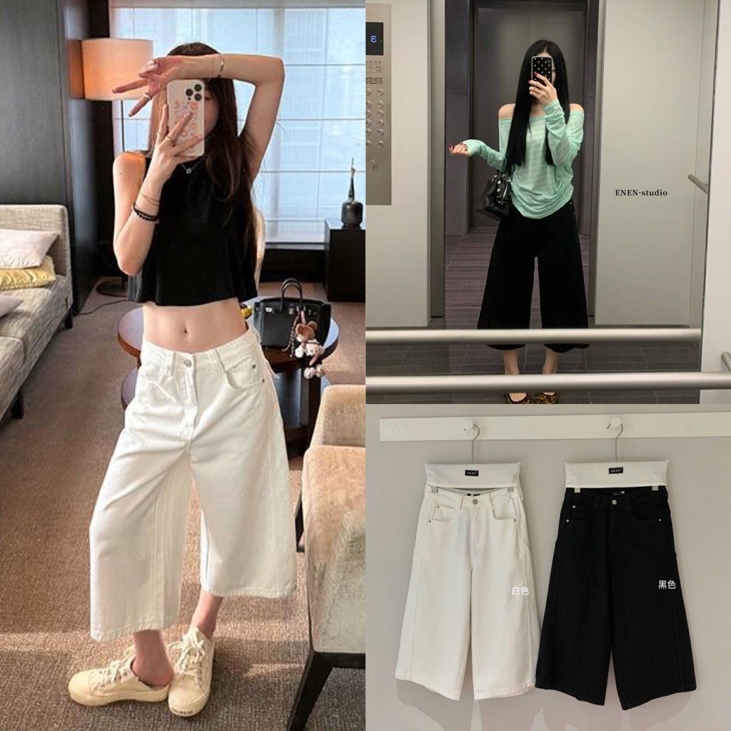 ส่งด่วน 🍑 𝗘𝗡.𝗘𝗡 10979 กางเกงยีนส์ทรงขากระบอก 5 ส่วน สไตล์สาวชิค
