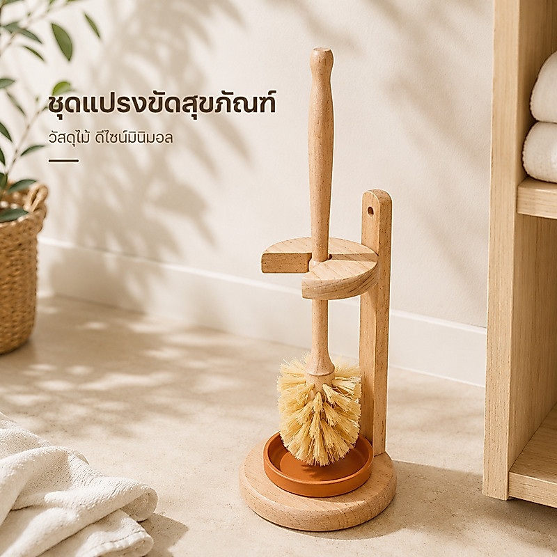 แปรงขัดห้องน้ำ แปรงล้างห้องน้ำพร้อมฐานไม้ มินิมอลสวยสะอาด จัดบ้านให้เป็นระเบียบ