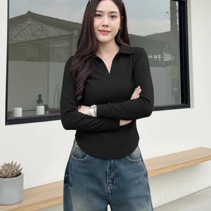 SpinnyHouse เสื้อแขนยาว เสื้อคอปก เสื้อกันหนาว พร้อมส่ง สาวอวบใส่ได้ ผ้าร่องยืด ยืดตามตัว รุ่น ปกดาว