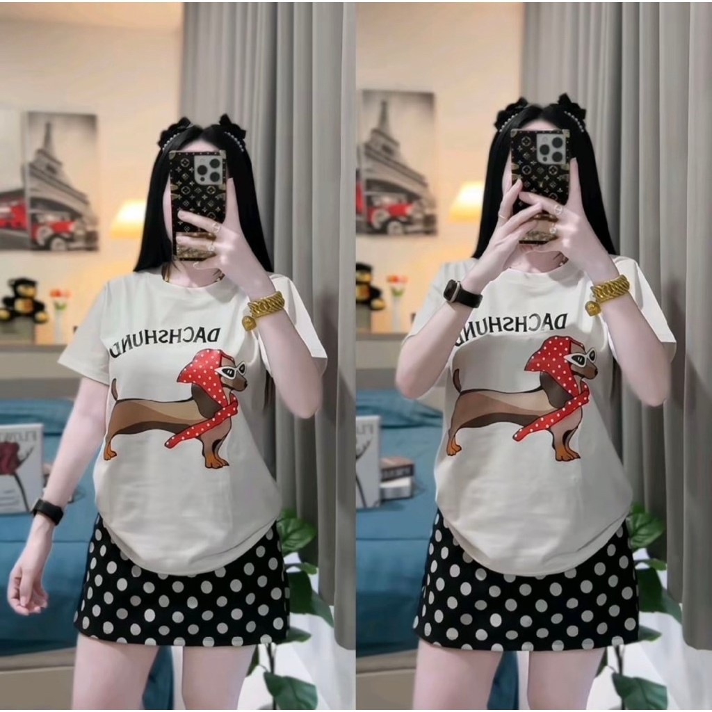 ชุดกระโปรงจุดลายแมว2ชิ้น เสื้อยืดแขนสั้นทรงโอเวอร์ไซส์ดีไซน์ใหม่ พิมพ์ลายแมวน่ารัก เสื้อคอตตอนกระโปรงวูลเวฟ งานใหม่