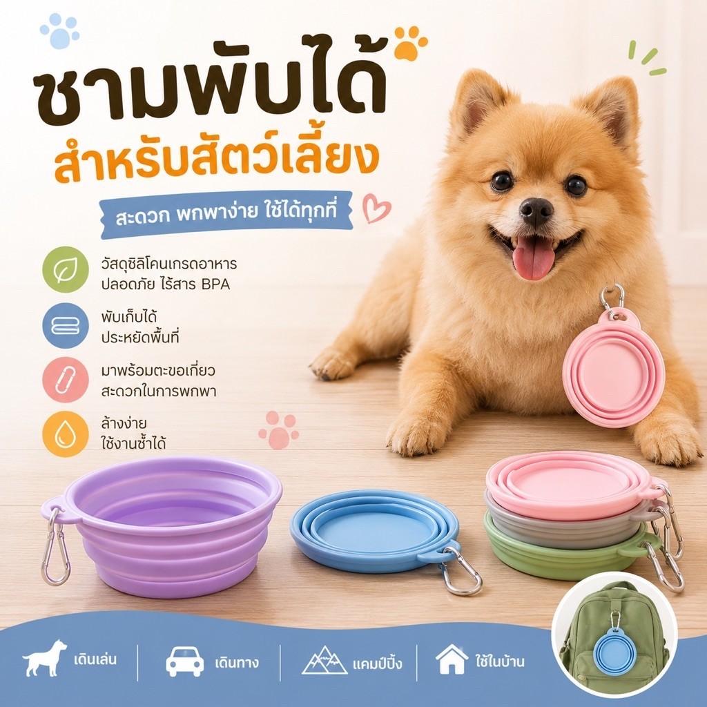 ชามพกพาพับได้ สำหรับสัตว์เลี้ยง เหมาะสำหรับใส่น้ำและอาหารให้สุนัขหรือแมวขณะออกเดินทาง เดินเล่น ไปคาเฟ่ ทำกิจกรรมนอกบ้าน