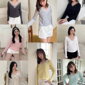 เติมเกือบทุกสี(S/XL) Vera top เสื้อคอวีแขนยาวแต่งลูกไม้ (happysummer.bkk)
