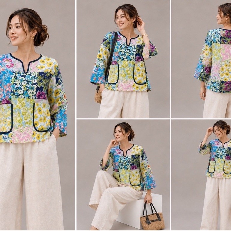 5th Jan เสื้อผ้าลินินแท้ พิมพ์ลาย คอกลมวี แขน 5 ส่วน สวมหัว กระเป๋าล่างคู่ ชายเสื้อตรง-ผ่าข้าง “อก 4