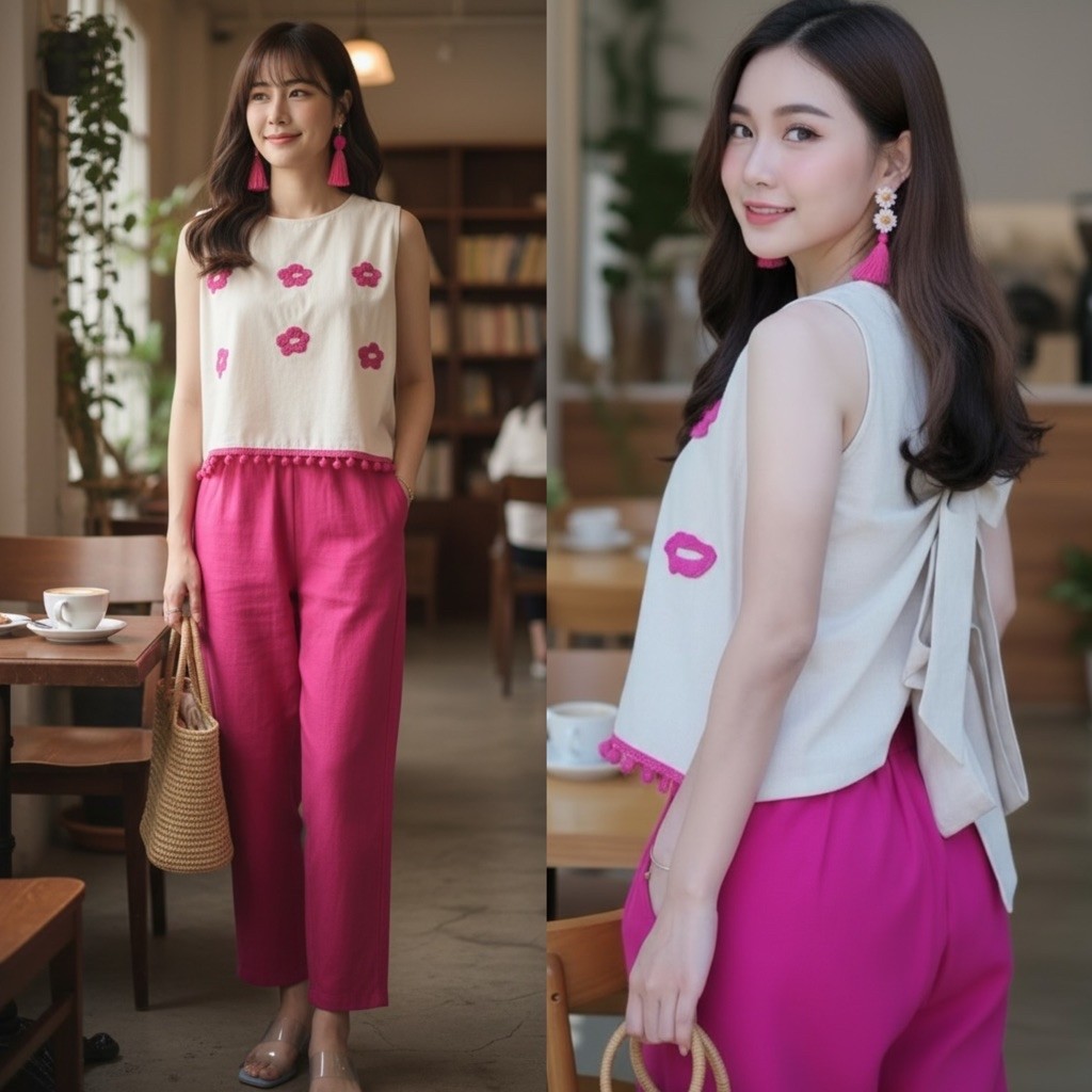 ชุดเซ็ตผ้าฝ้ายผูกโบว์ เสื้อแขนกุดพร้อมกางเกง ชุดพื้นเมืองสไตส์สาวเหนือไม่ซ้ำใคร by aorsin