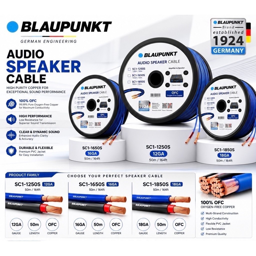 สายลำโพง Hi End ยี่ห้อ BLAUPUNKT มีให้เลือก 3 ขนาด 18AWG,16AWG,12AWG (จำหน่ายเป็นเมตร)