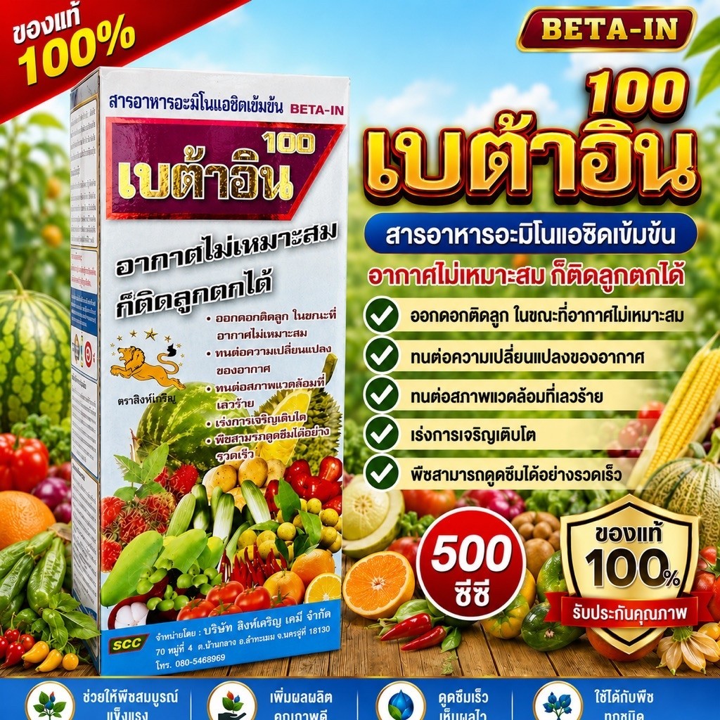 เบต้าอิน ขนาด 500ซีซี สารอาหารพืช ปรับสภาพอากาศที่ไม่เหมาะสมให้พืชติดดอกดกได้ สารอาหารอะมิโนแซิคเข้มข้น #เบต้าอิน