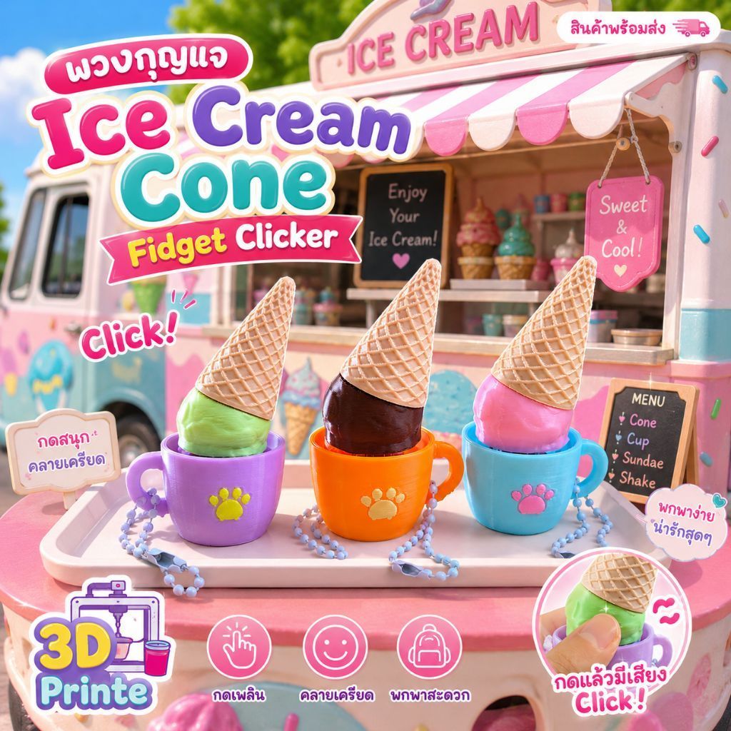 🍦พวงกุญแจไอศกรีมโคน (Ice Cream Cone Fidget Clicker) ของเล่นคลิกเกอร์คลายเครียด ห้อยกระเป๋ากดเล่นเพลิน